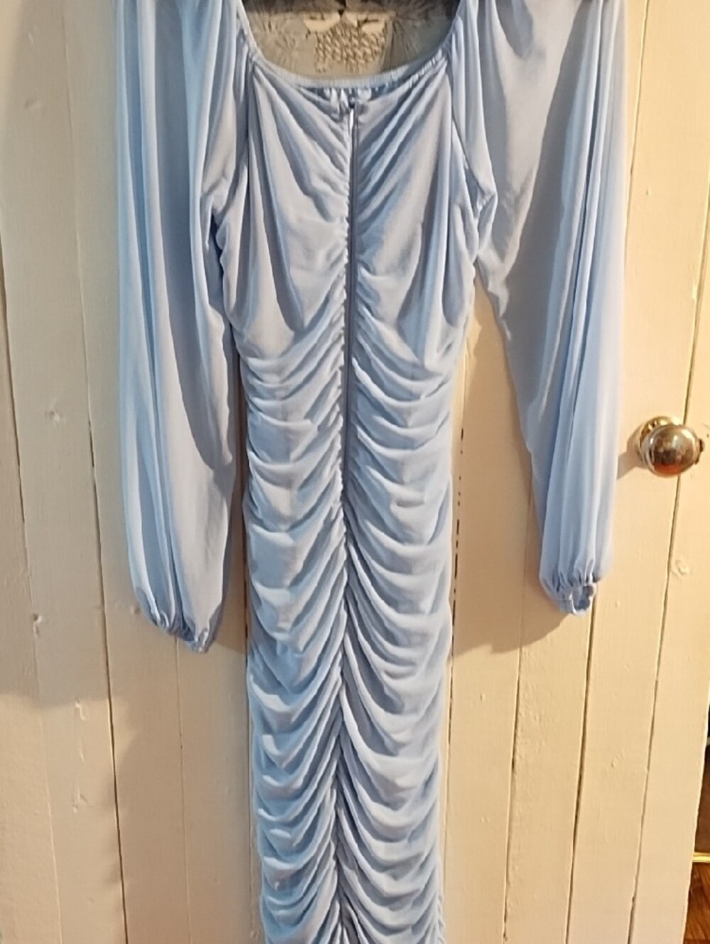 Light Blue Ruched Long-Sleeve Midi Dress Medium EUC. - Picture 8 of 15
